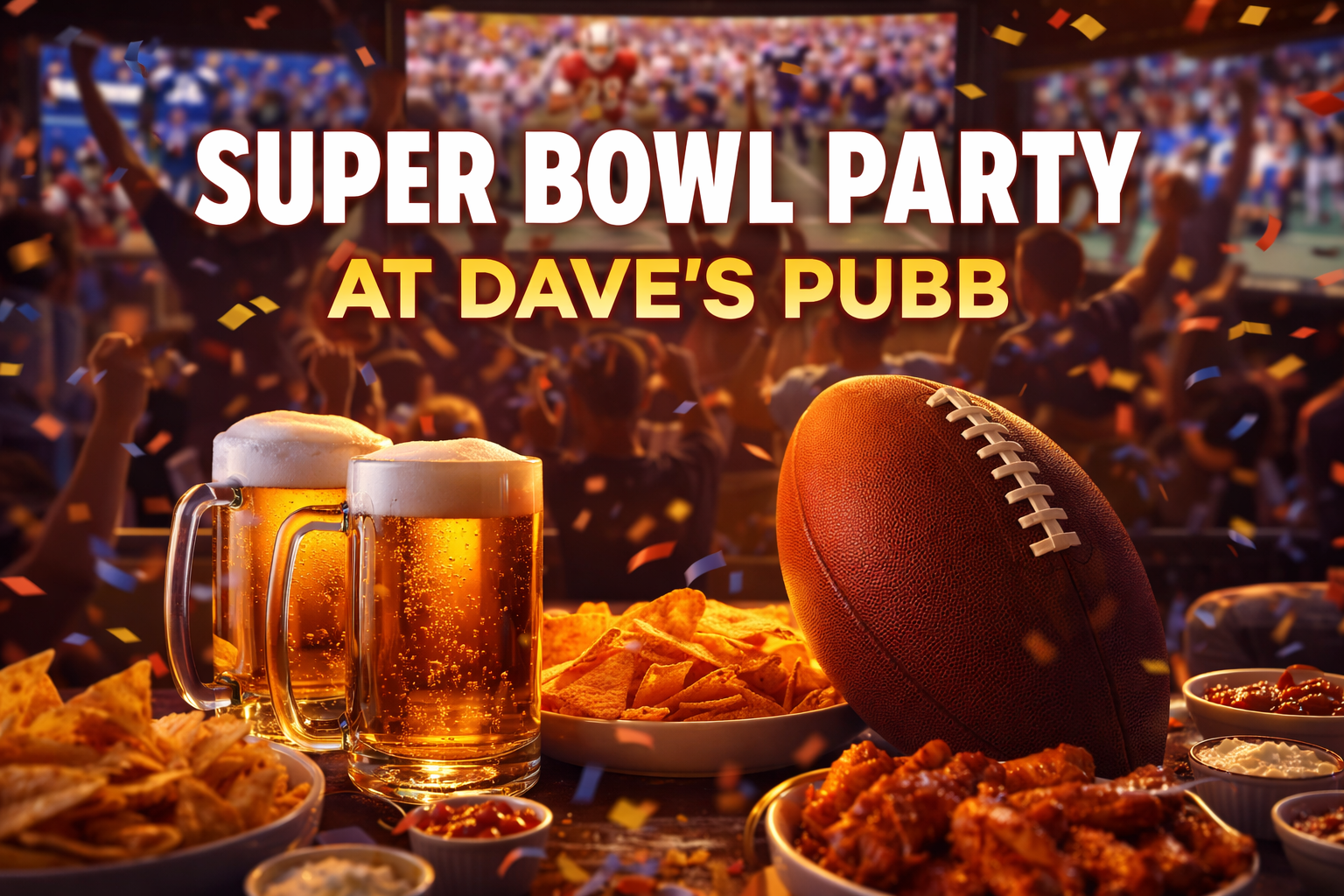 Poster for Superbowl LX Party at Dave's Pubb in Tetonia, ID depicting people watching game while drinking beers and eating snacks.